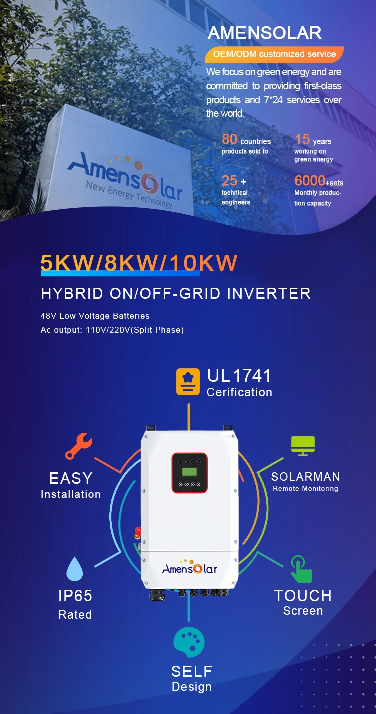 Amensolar 5kw 8kw 10kw on/off Grid Hybrid Solar Inverter Hot Sale Ess Inverter for Us Market 110V 120V Split Phase Jamaica 5kVA Solar Inverter Power Inverter